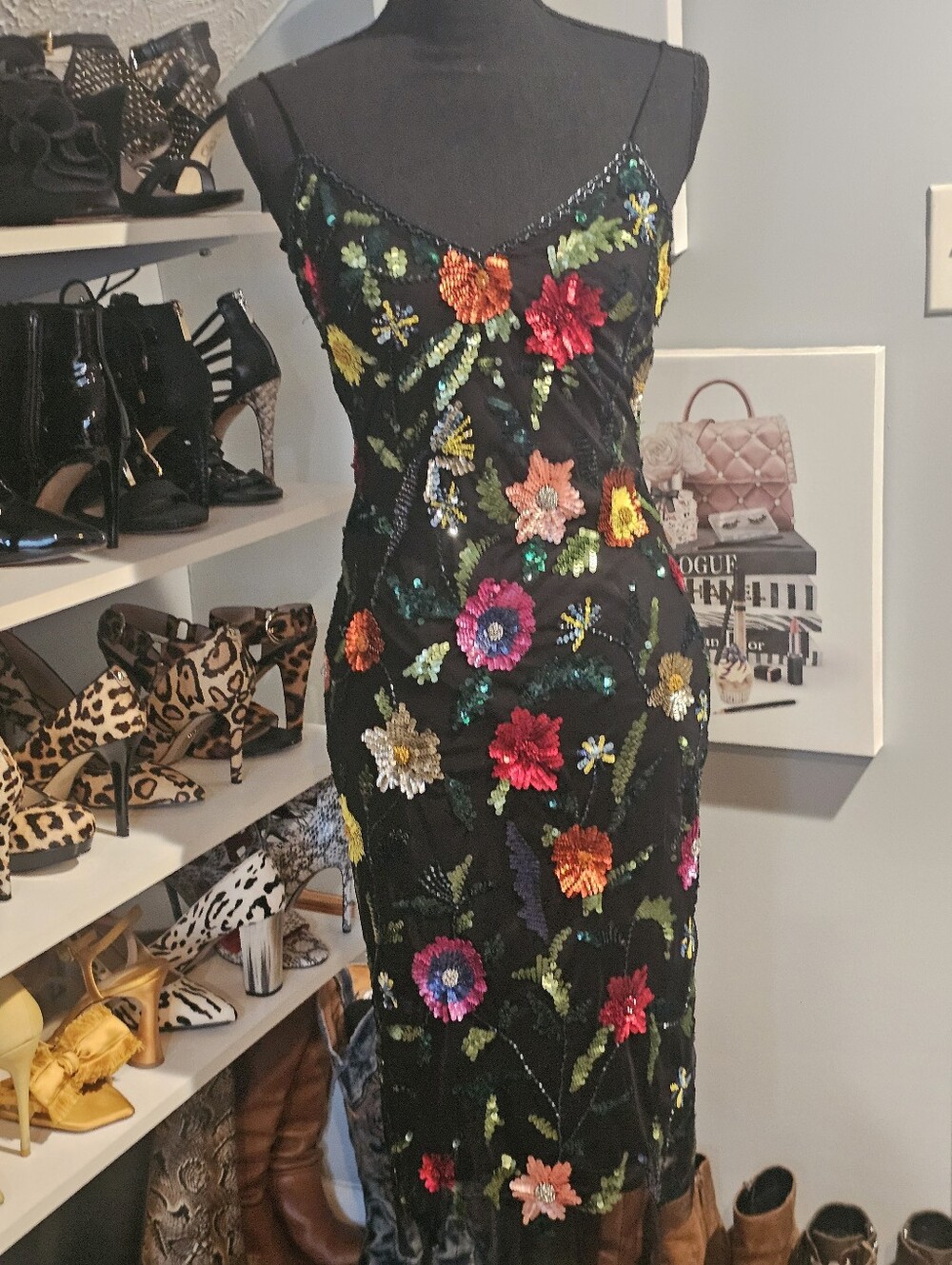 Black Floral Sequin Slip Dress
